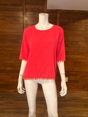 French Connection Coral Pom-Pom Trim Tunic Top